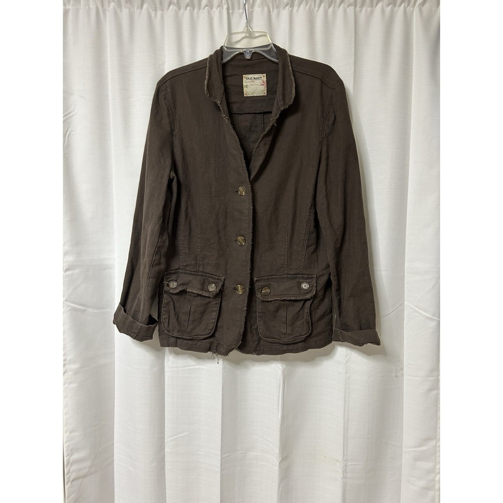 Old Navy Linen Blend Blazer Womens XL Brown Lagenlook Boho Jacket Minimalist